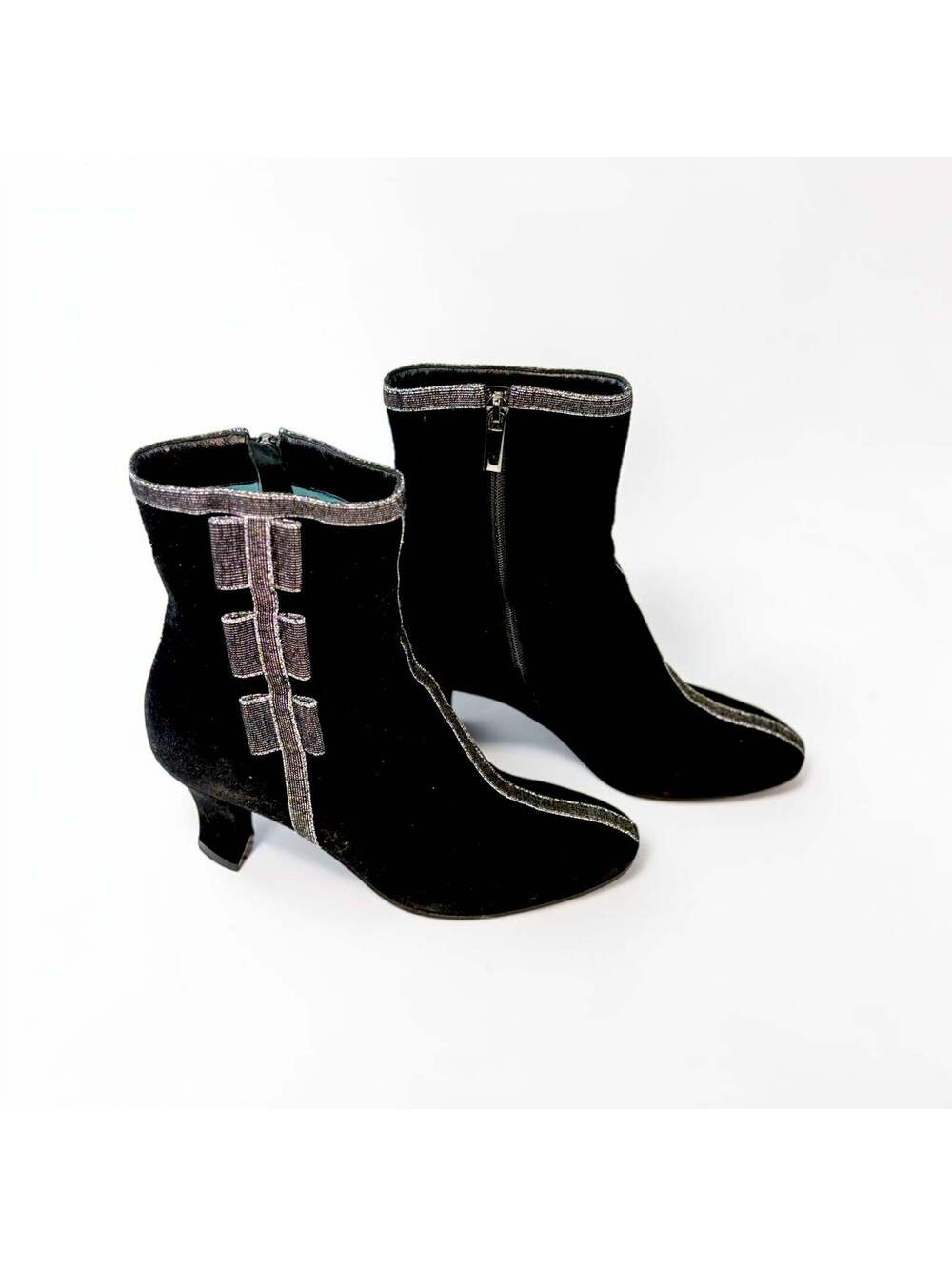 Thierry Rabotin Italy Black Suede Metallic Trim Wedge Ankle Booties—Sz 36